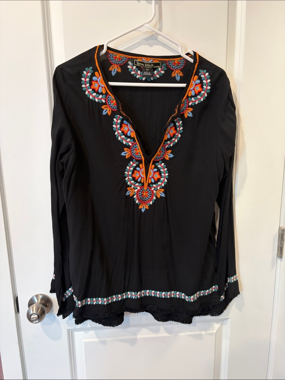 Love Stitch Black Long-Sleeve Tunic with Colorful Embroidery